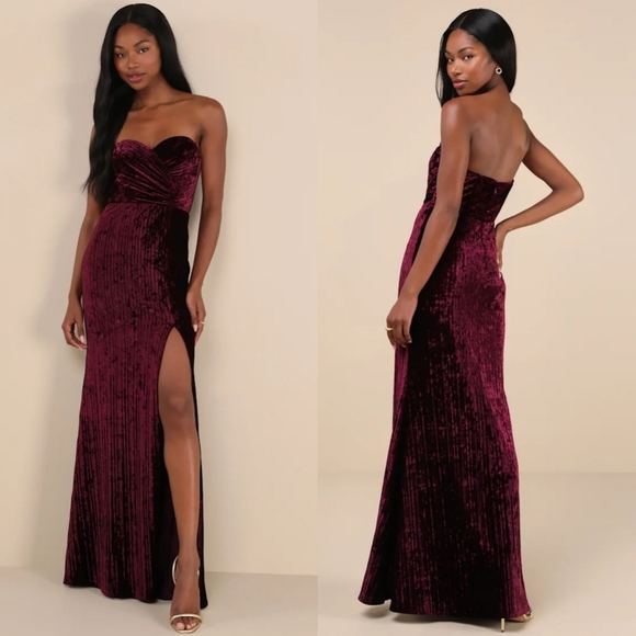 Lulus Classy Sensation Plum Velvet Pleated Strapless Maxi Dress Wedding Prom - Picture 1 of 8